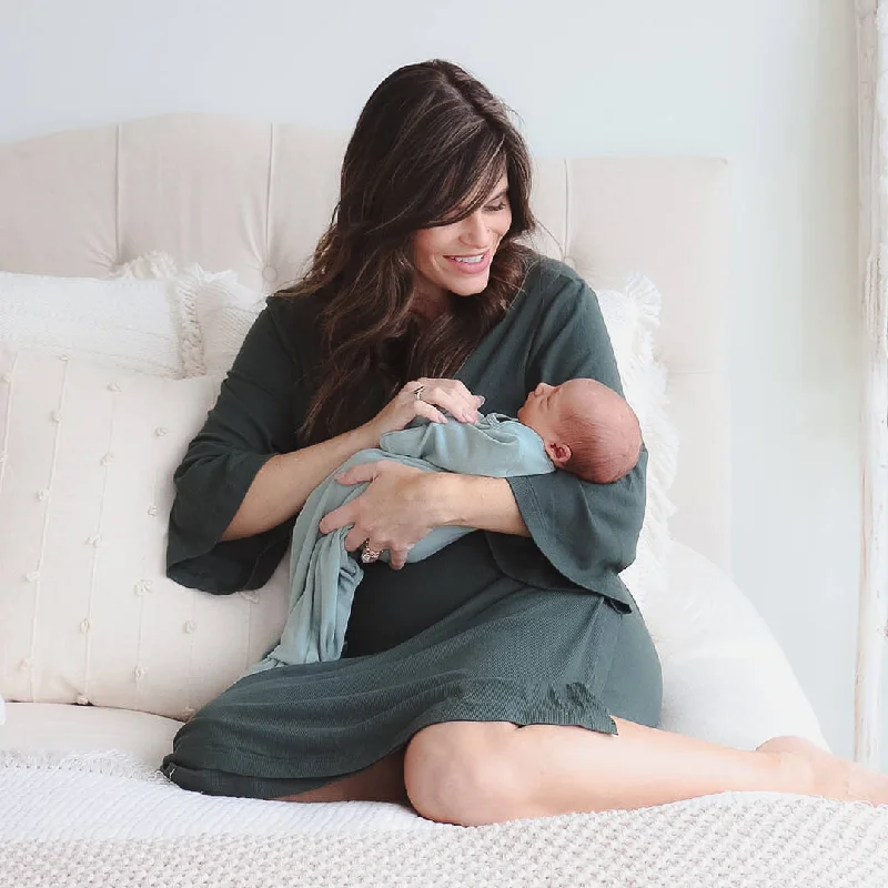 Forest Green Ribbed Bamboo Knit Maternity Robe