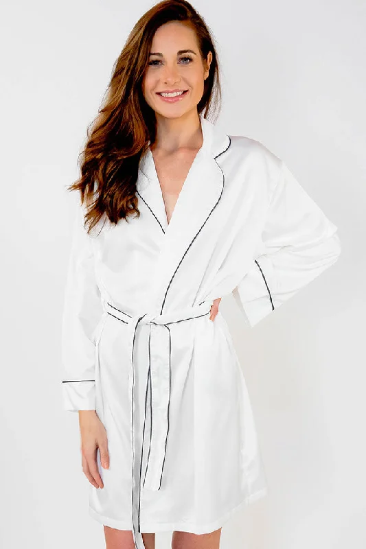 White Piped with Navy Blue Trim Satin Kimono Robe